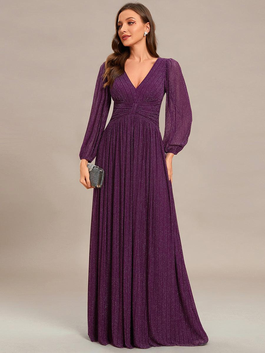 Robe de soirée trapèze à manches longues et taille empire scintillante #Couleur_Glycine violette