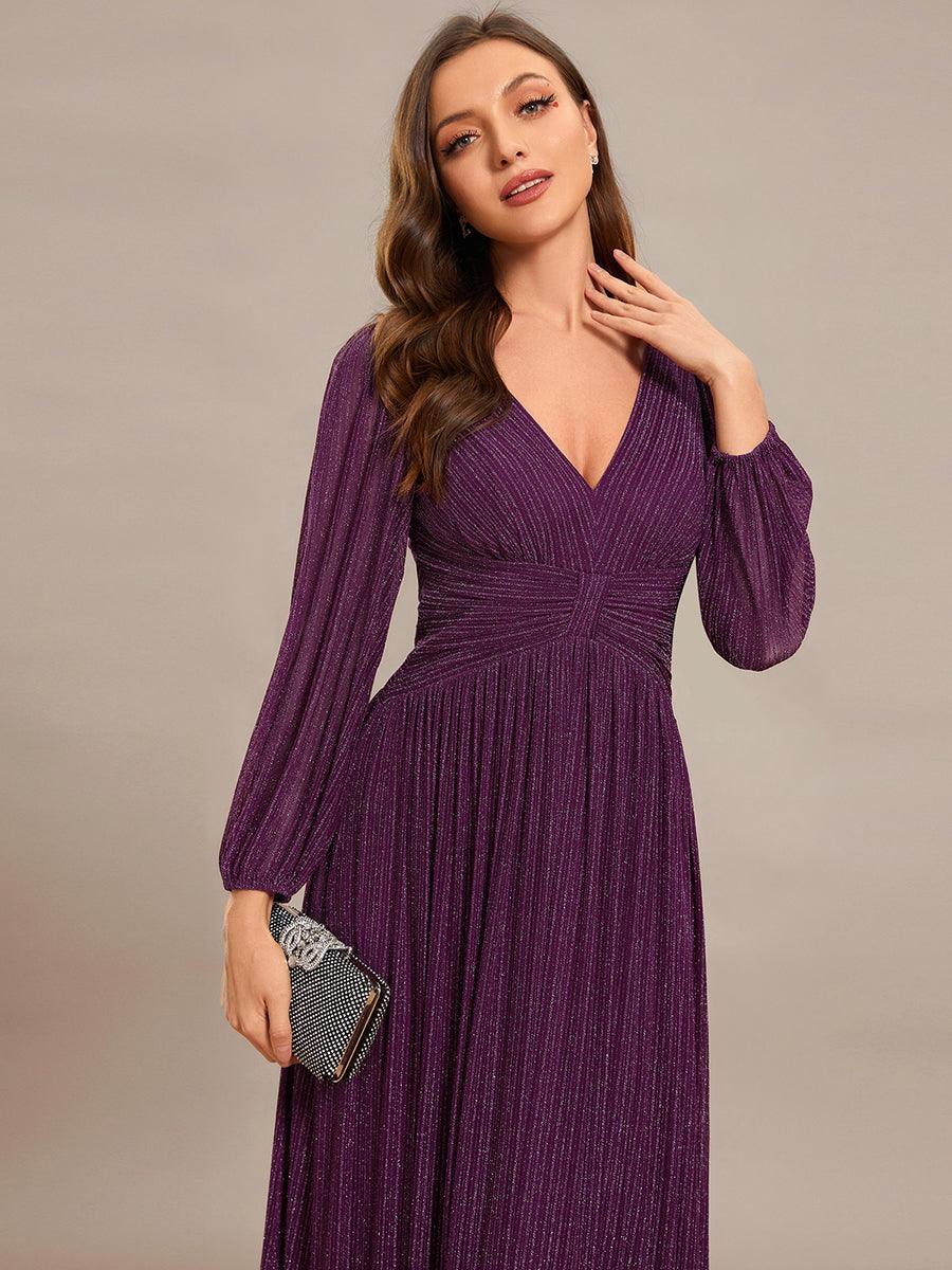 Robe de soirée trapèze à manches longues et taille empire scintillante #Couleur_Glycine violette