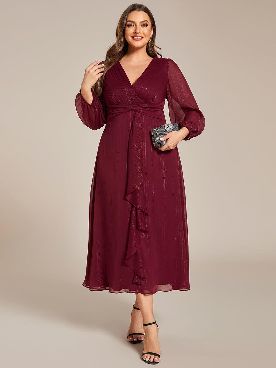 Grande taille Robe de soirée trapèze scintillante à manches longues et col en V en mousseline de soie avec n?ud torsadé #Couleur_Bordeaux