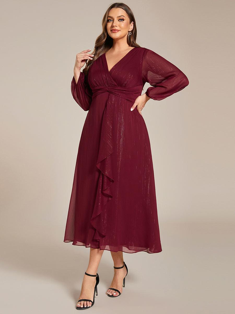 Grande taille Robe de soirée trapèze scintillante à manches longues et col en V en mousseline de soie avec n?ud torsadé #Couleur_Bordeaux