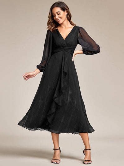 ever EMBER|Robe de soirée trapèze scintillante à manches longues et col en V en mousseline de soie avec torsadé(Vente finale)