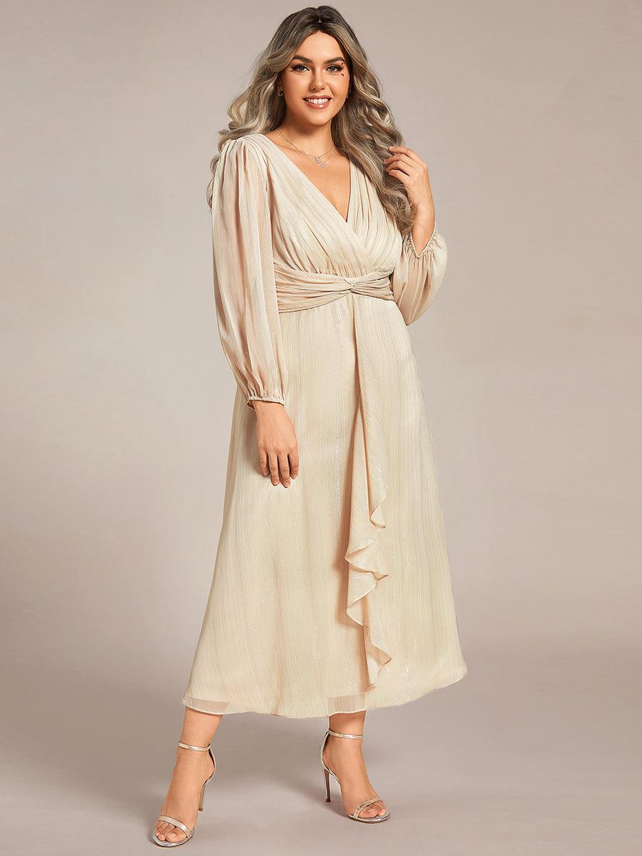 Grande taille Robe de soirée trapèze scintillante à manches longues et col en V en mousseline de soie avec n?ud torsadé #Couleur_Charbon