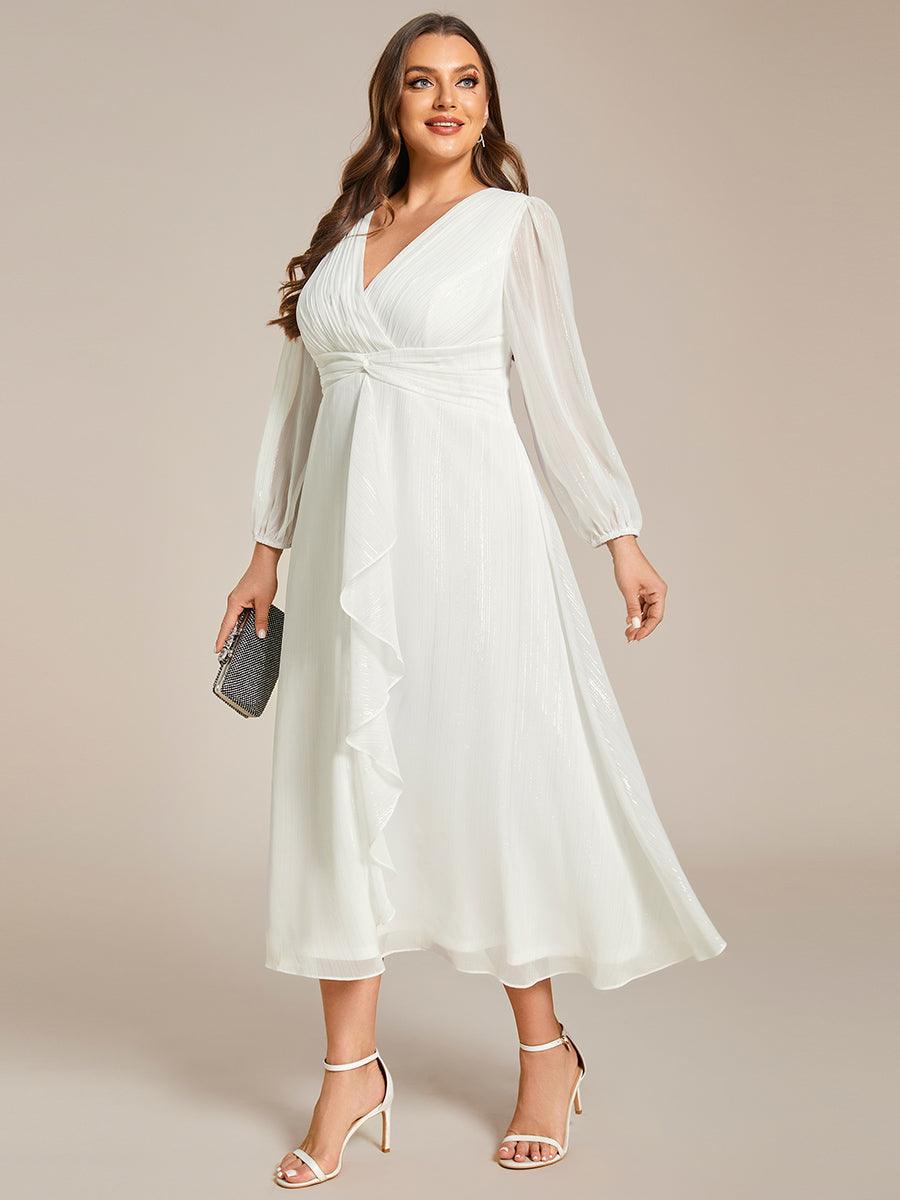 Grande taille Robe de soirée trapèze scintillante à manches longues et col en V en mousseline de soie avec n?ud torsadé #Couleur_Creme