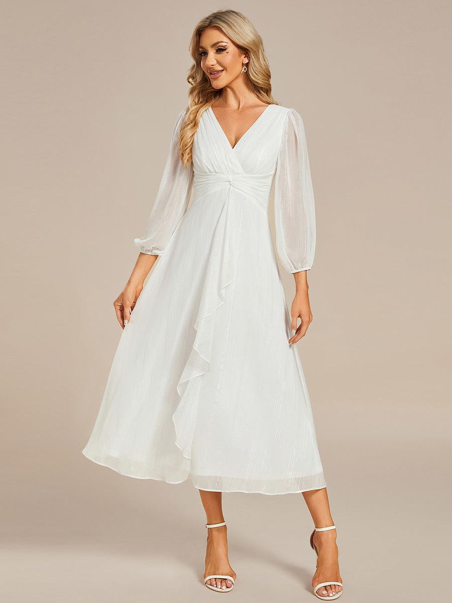 Robe de soirée trapèze scintillante à manches longues et col en V en mousseline de soie avec n?ud torsadé #Couleur_Creme