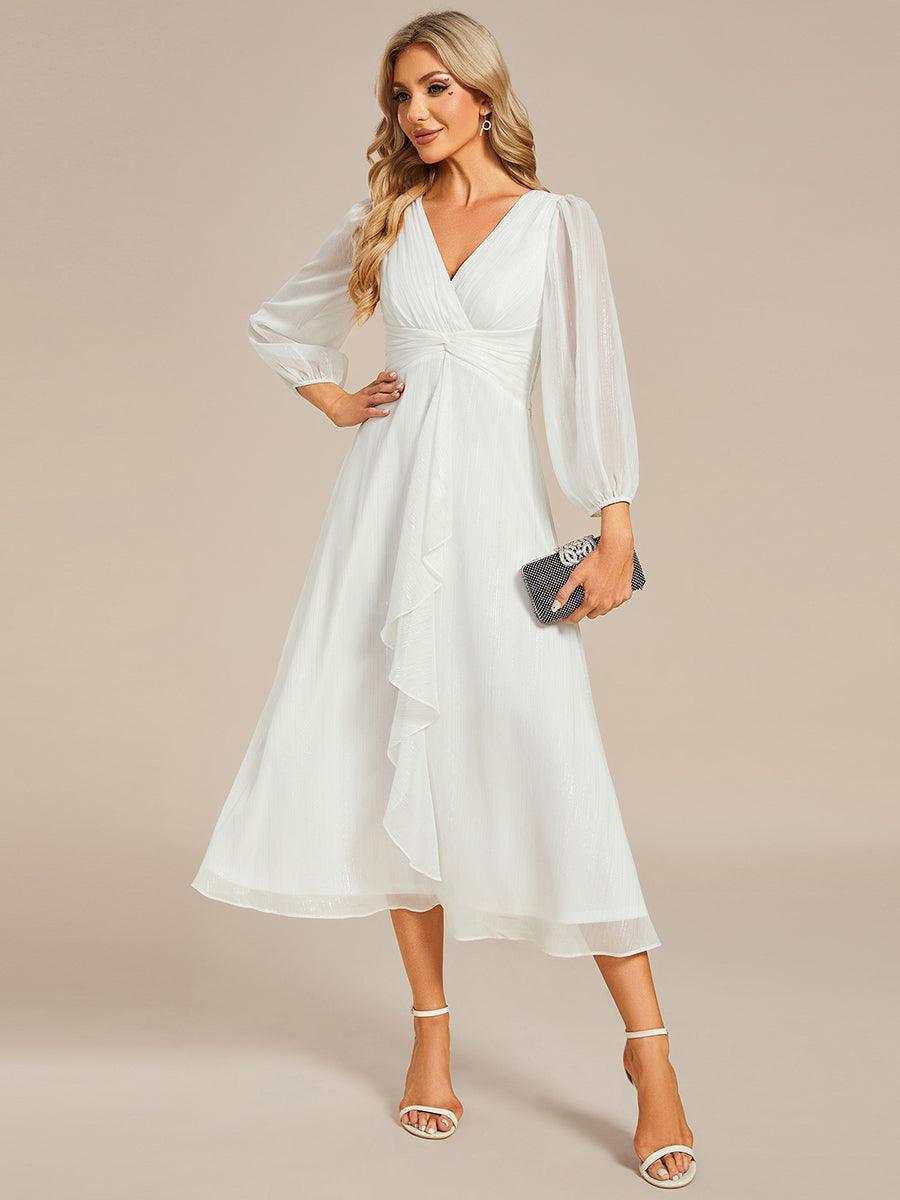 Robe de soirée trapèze scintillante à manches longues et col en V en mousseline de soie avec n?ud torsadé #Couleur_Creme