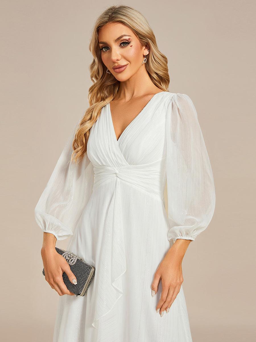 Robe de soirée trapèze scintillante à manches longues et col en V en mousseline de soie avec n?ud torsadé #Couleur_Creme
