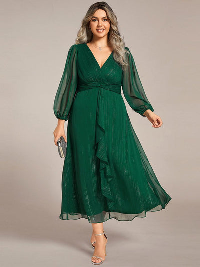 pretty EMBER|Robe de soirée grande taille trapèze scintillante à manches longues et col V en mousseline de soie torsadé(Vente finale)