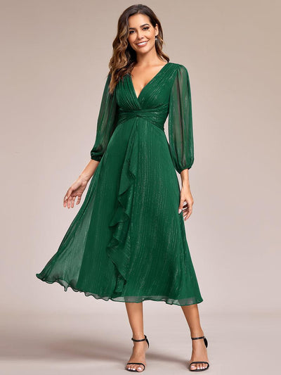 ever EMBER|Robe de soirée trapèze scintillante à manches longues et col en V en mousseline de soie avec torsadé(Vente finale)