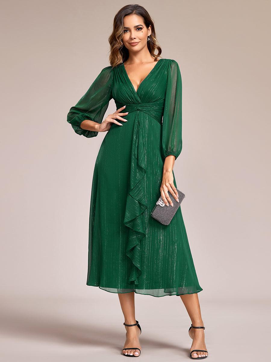 Robe de soirée trapèze scintillante à manches longues et col en V en mousseline de soie avec n?ud torsadé #Couleur_Vert Fonce
