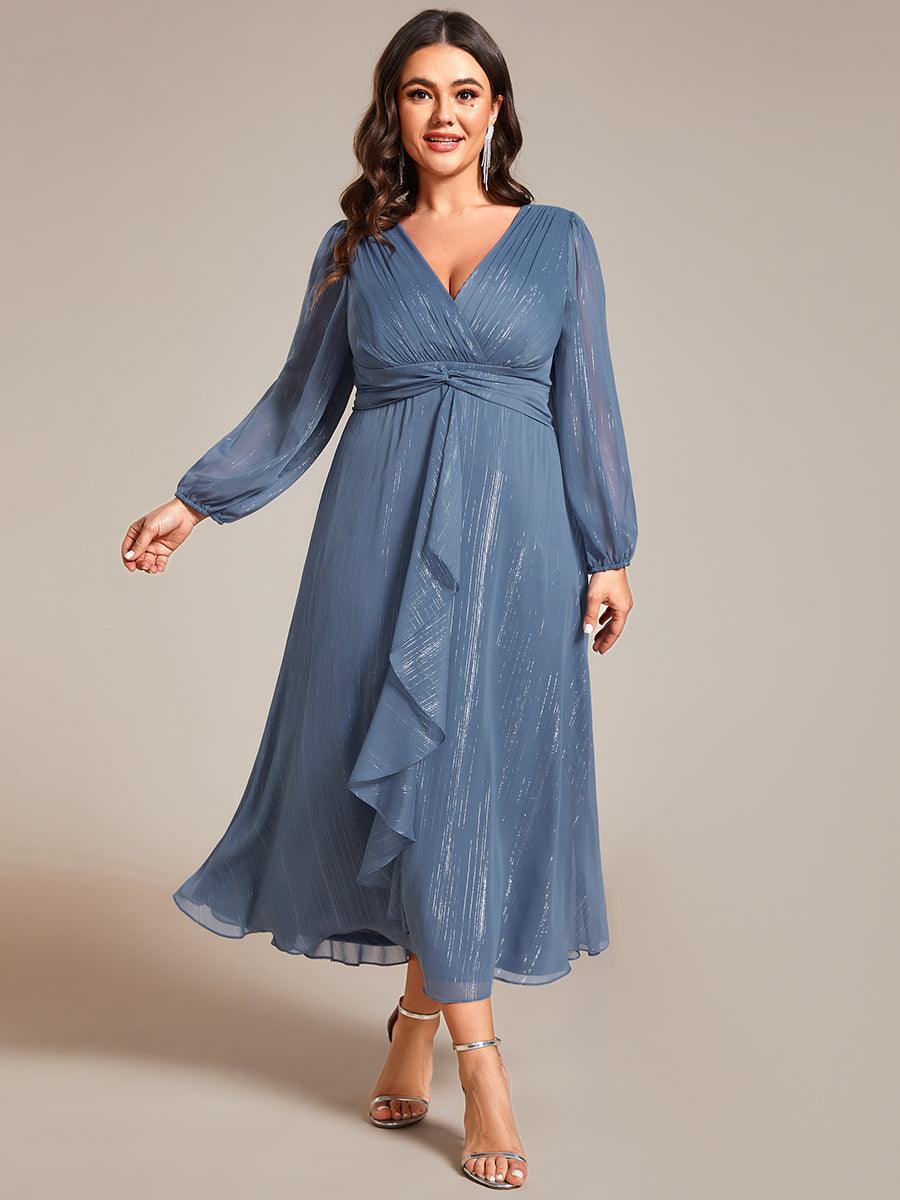 Grande taille Robe de soirée trapèze scintillante à manches longues et col en V en mousseline de soie avec n?ud torsadé #Couleur_Marine Fume