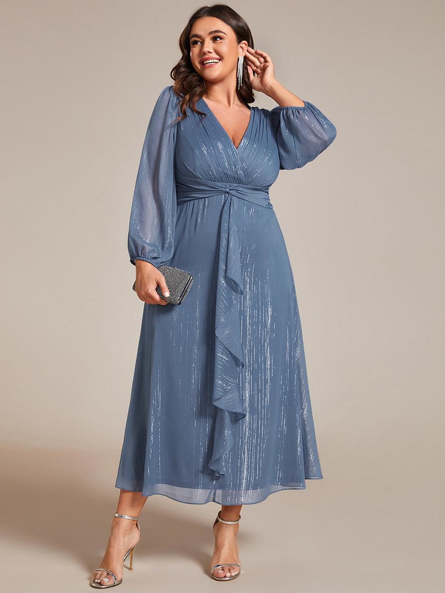 Grande taille Robe de soirée trapèze scintillante à manches longues et col en V en mousseline de soie avec n?ud torsadé #Couleur_Marine Fume