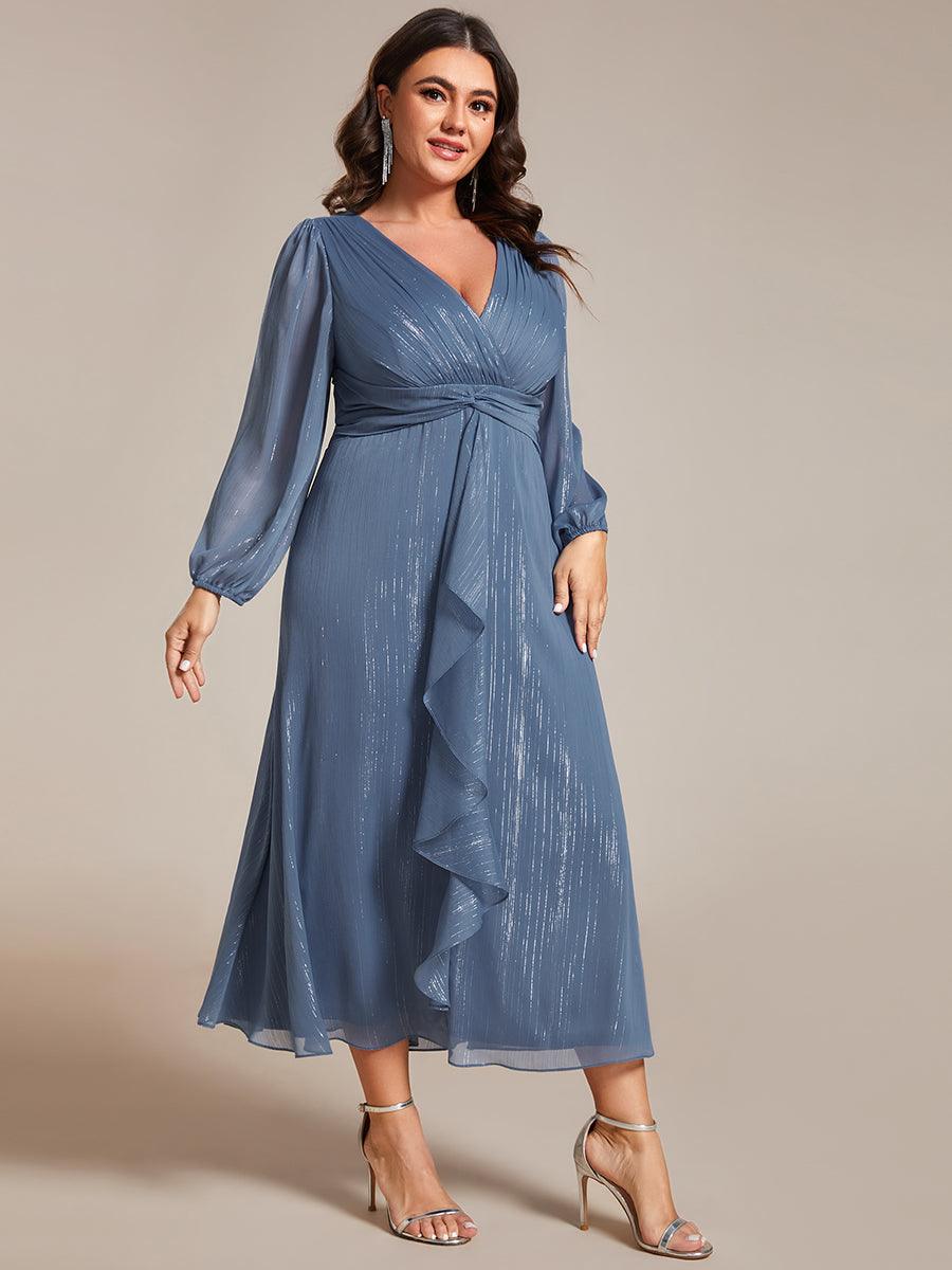 Grande taille Robe de soirée trapèze scintillante à manches longues et col en V en mousseline de soie avec n?ud torsadé #Couleur_Marine Fume