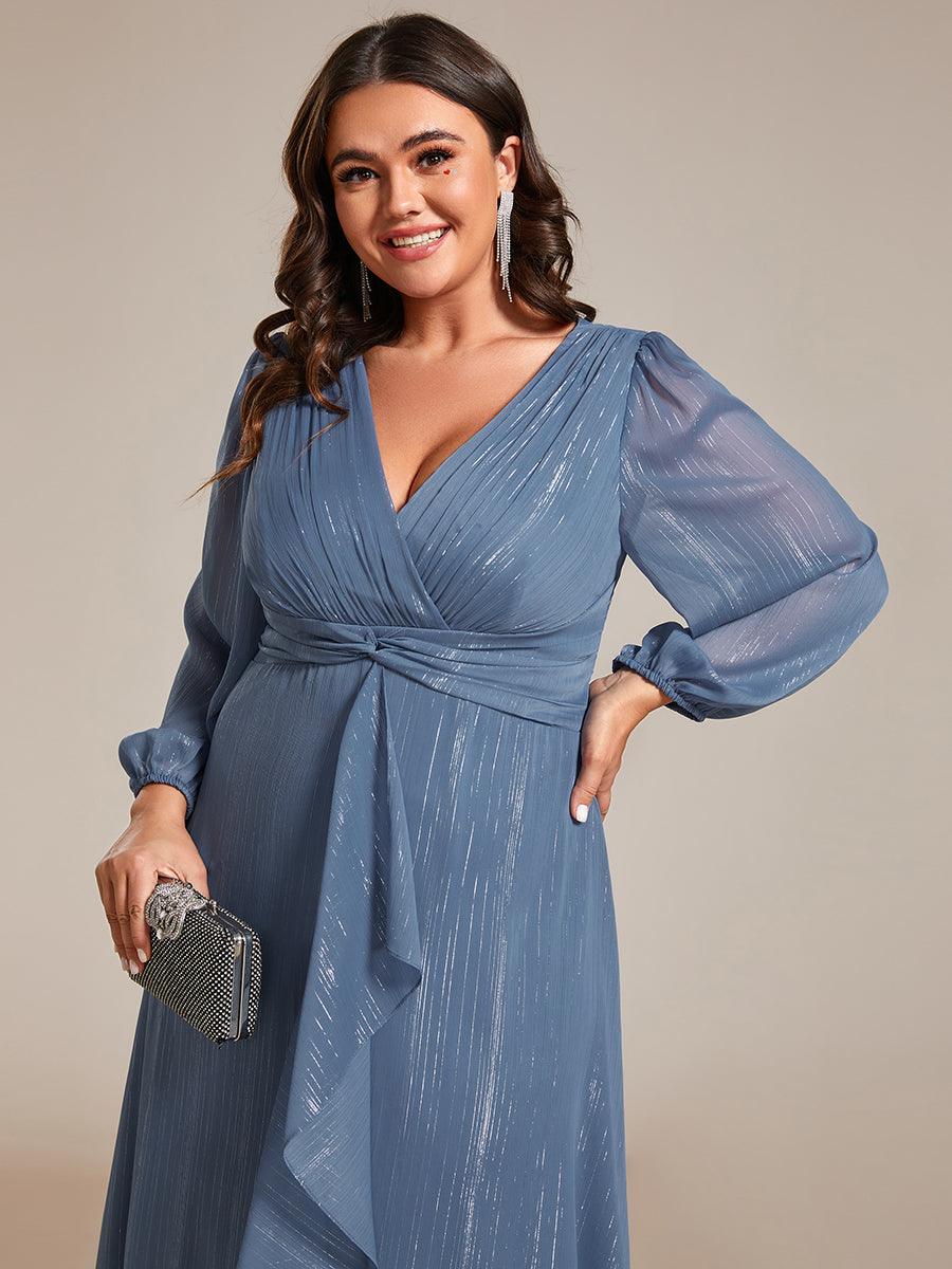 Grande taille Robe de soirée trapèze scintillante à manches longues et col en V en mousseline de soie avec n?ud torsadé #Couleur_Marine Fume