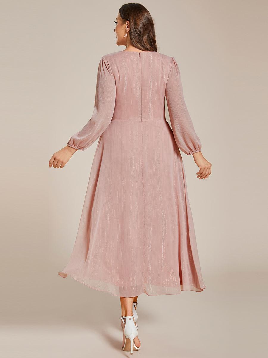 Grande taille Robe de soirée trapèze scintillante à manches longues et col en V en mousseline de soie avec n?ud torsadé #Couleur_Rose fumee