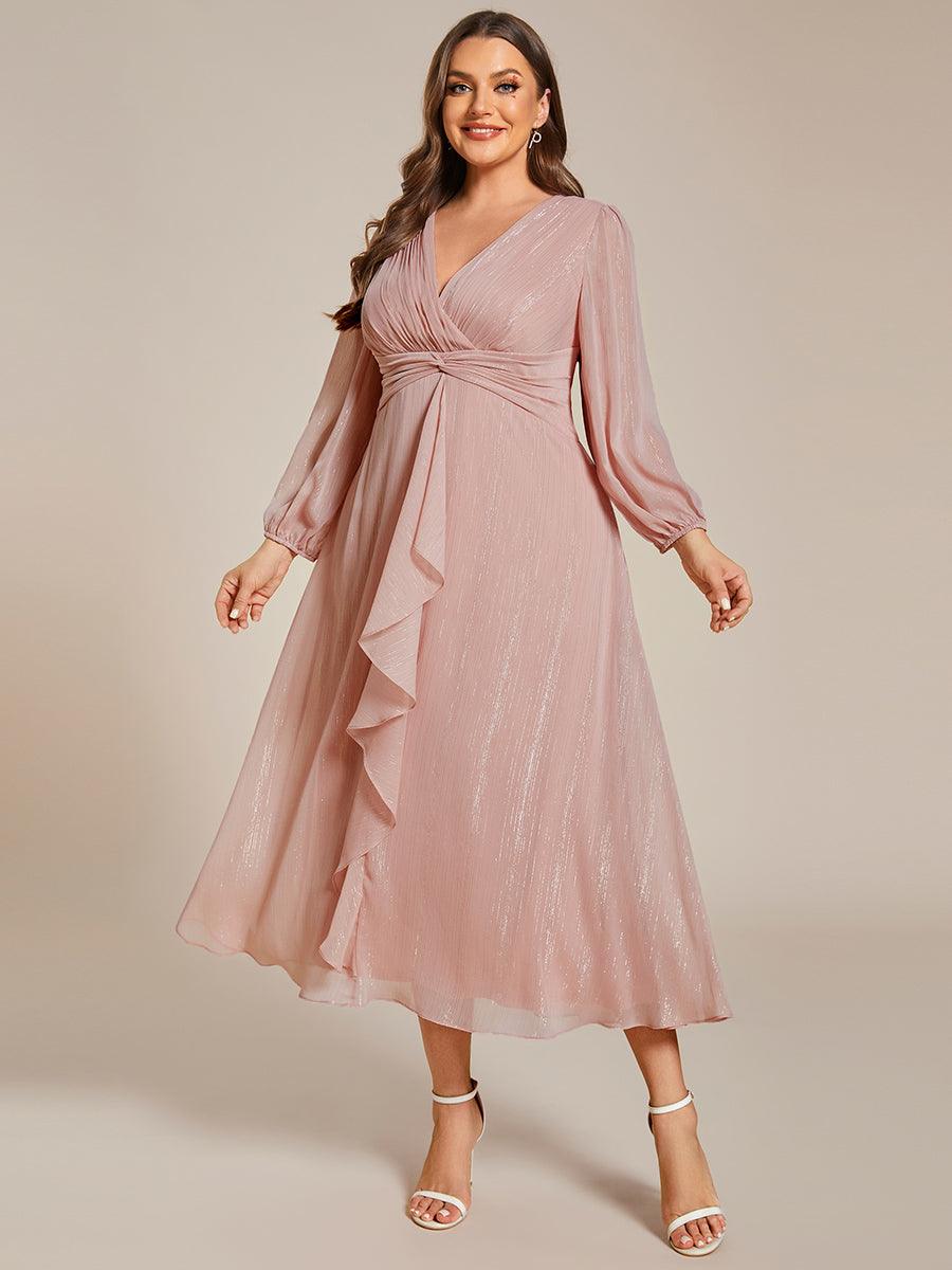 Grande taille Robe de soirée trapèze scintillante à manches longues et col en V en mousseline de soie avec n?ud torsadé #Couleur_Rose fumee