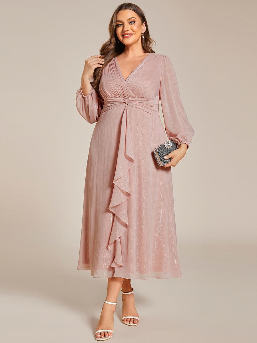 Grande taille Robe de soirée trapèze scintillante à manches longues et col en V en mousseline de soie avec n?ud torsadé #Couleur_Rose fumee