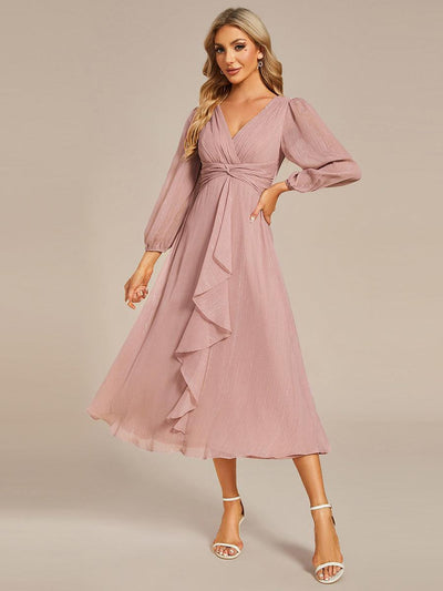 ever EMBER|Robe de soirée trapèze scintillante à manches longues et col en V en mousseline de soie avec torsadé(Vente finale)