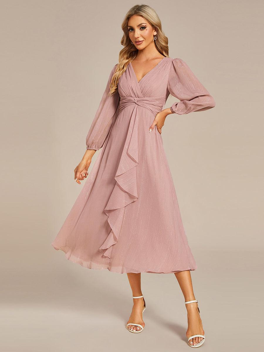 Robe de soirée trapèze scintillante à manches longues et col en V en mousseline de soie avec n?ud torsadé #Couleur_Rose fumee