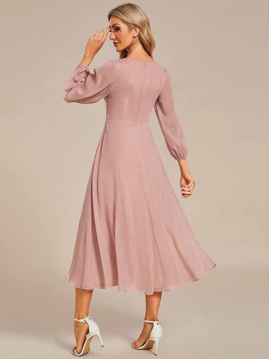 Robe de soirée trapèze scintillante à manches longues et col en V en mousseline de soie avec n?ud torsadé #Couleur_Rose fumee