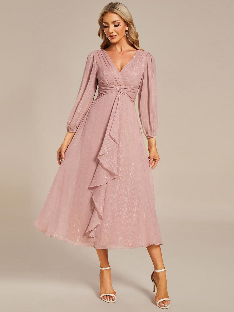 Robe de soirée trapèze scintillante à manches longues et col en V en mousseline de soie avec n?ud torsadé #Couleur_Rose fumee