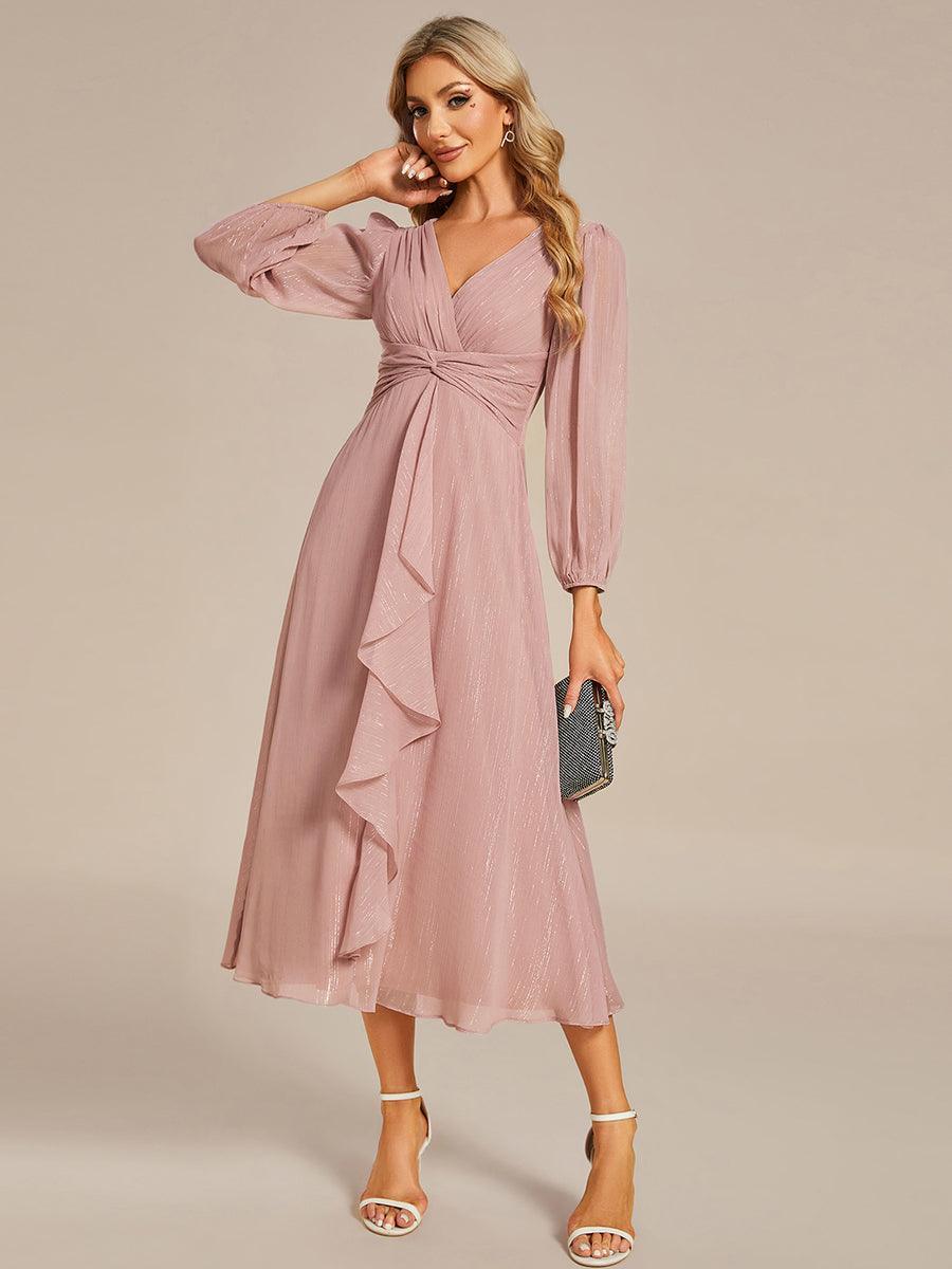 Robe de soirée trapèze scintillante à manches longues et col en V en mousseline de soie avec n?ud torsadé #Couleur_Rose fumee