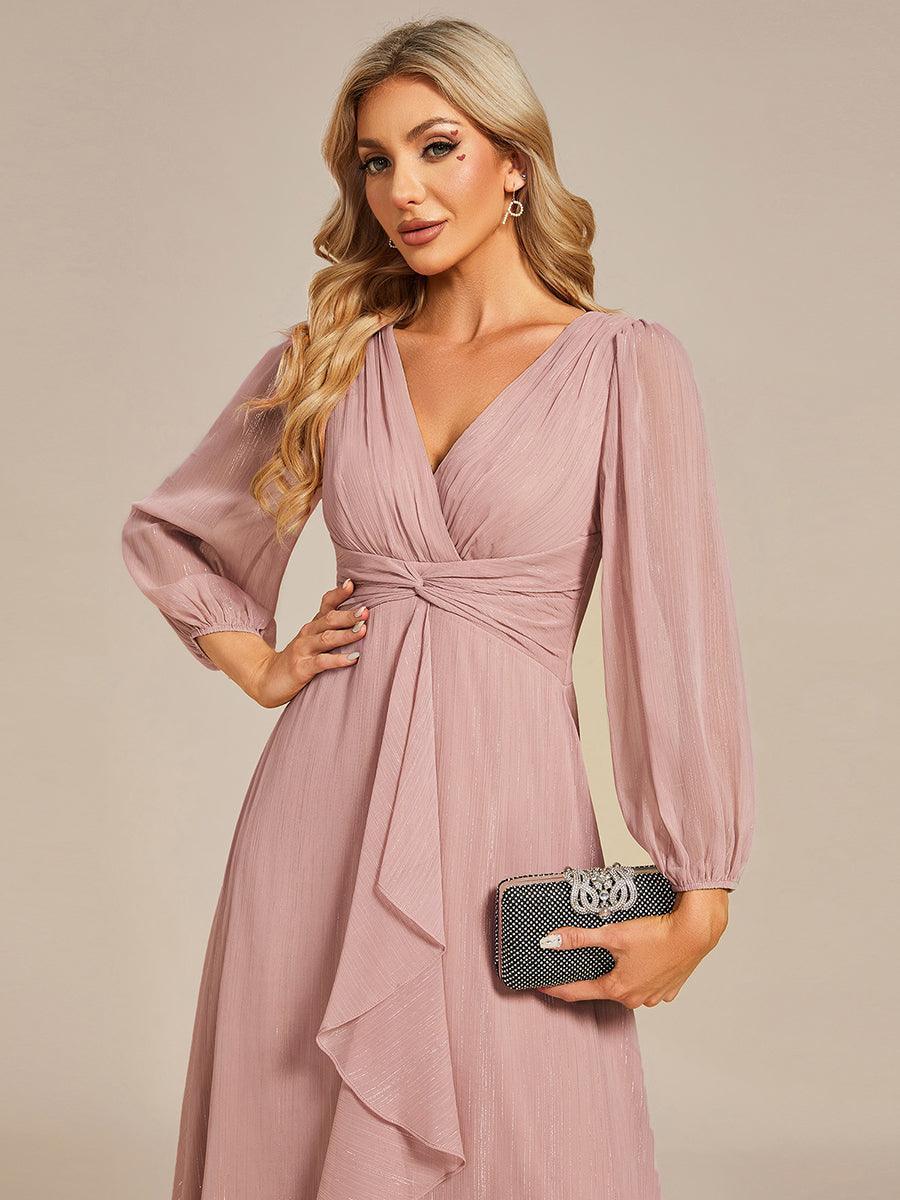 Robe de soirée trapèze scintillante à manches longues et col en V en mousseline de soie avec n?ud torsadé #Couleur_Rose fumee