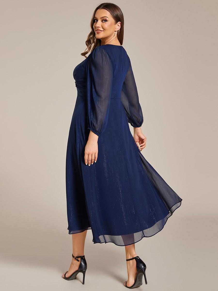 Grande taille Robe de soirée trapèze scintillante à manches longues et col en V en mousseline de soie avec n?ud torsadé #Couleur_Bleu Marine