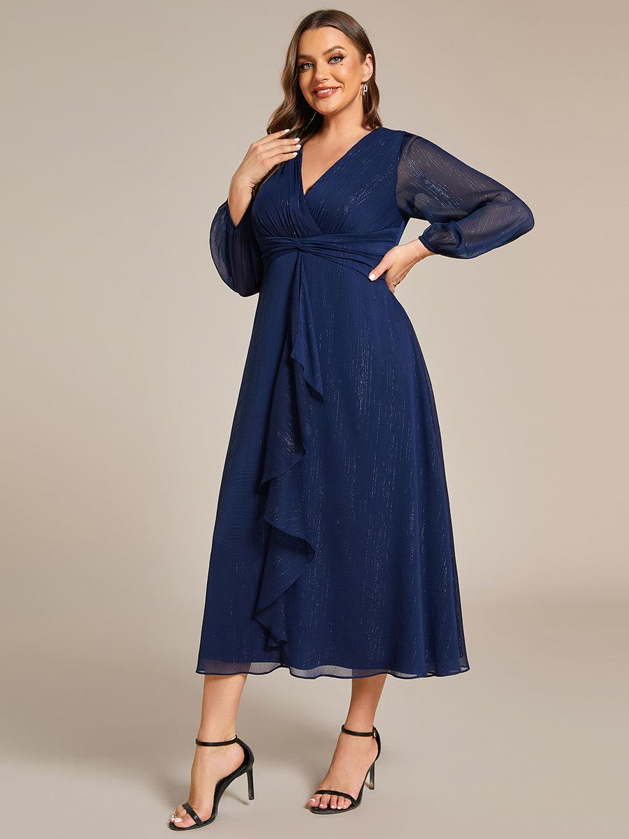 Grande taille Robe de soirée trapèze scintillante à manches longues et col en V en mousseline de soie avec n?ud torsadé #Couleur_Bleu Marine