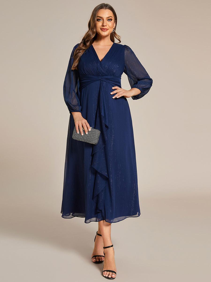 Grande taille Robe de soirée trapèze scintillante à manches longues et col en V en mousseline de soie avec n?ud torsadé #Couleur_Bleu Marine