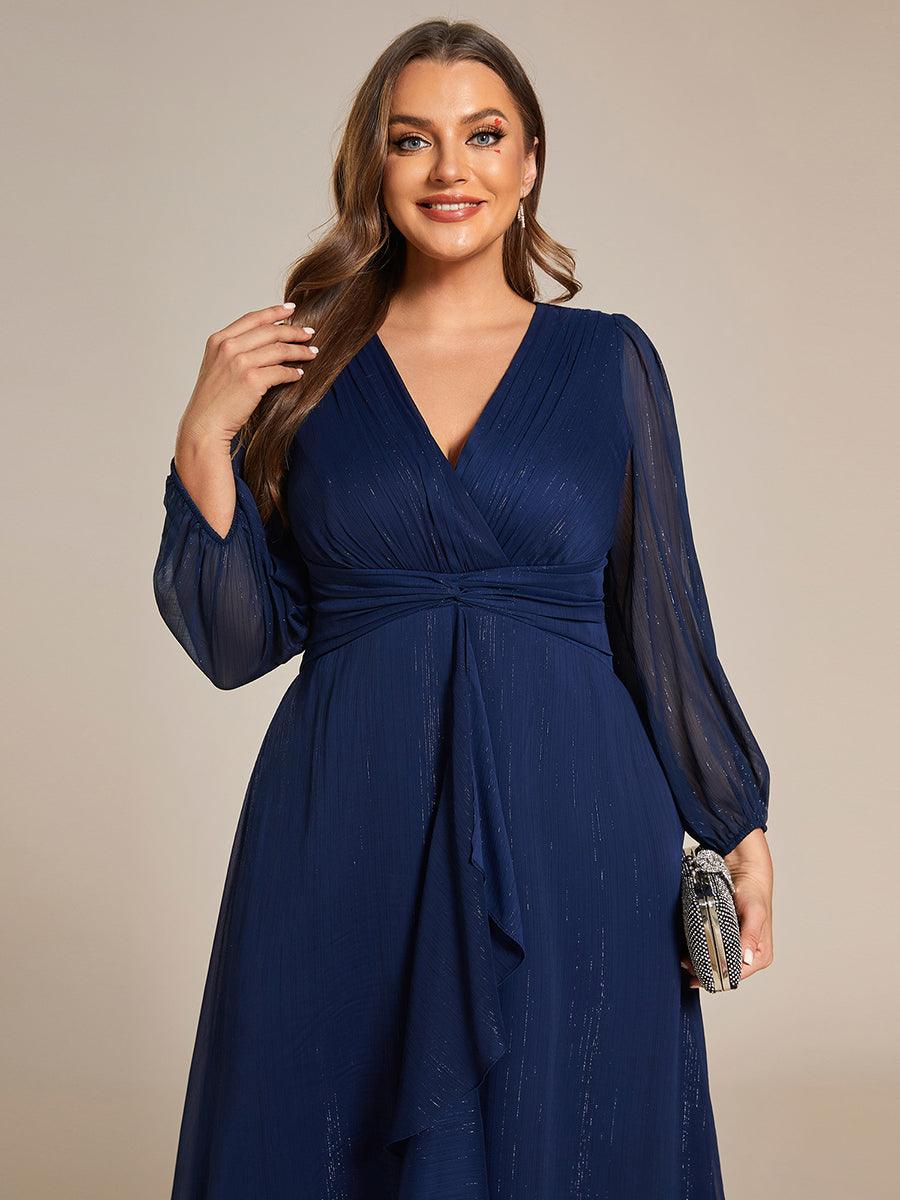Grande taille Robe de soirée trapèze scintillante à manches longues et col en V en mousseline de soie avec n?ud torsadé #Couleur_Bleu Marine
