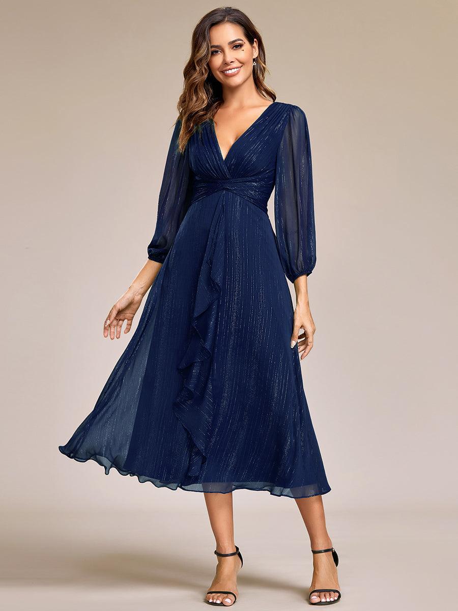 Robe de soirée trapèze scintillante à manches longues et col en V en mousseline de soie avec n?ud torsadé #Couleur_Bleu Marine