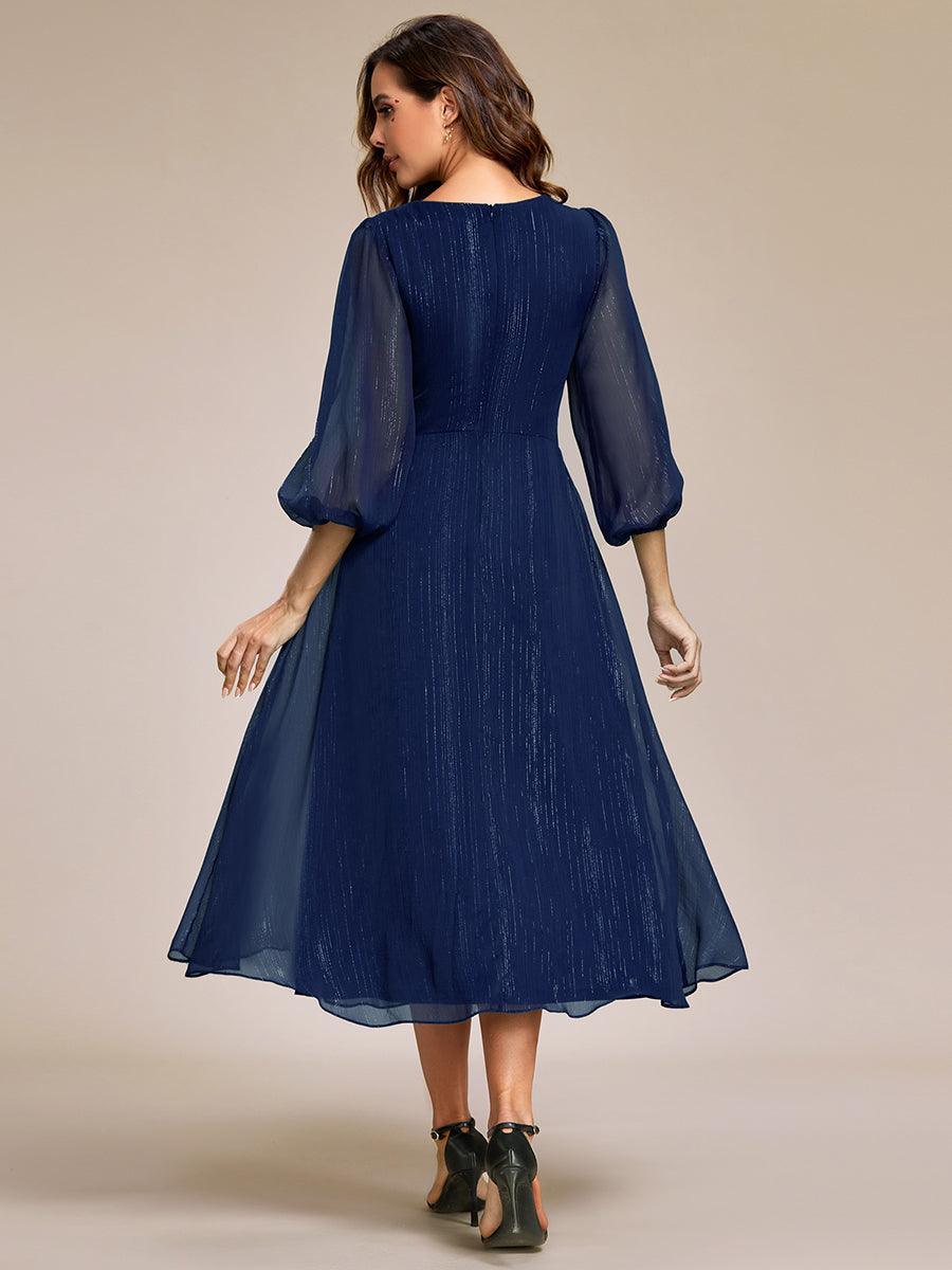 Robe de soirée trapèze scintillante à manches longues et col en V en mousseline de soie avec n?ud torsadé #Couleur_Bleu Marine