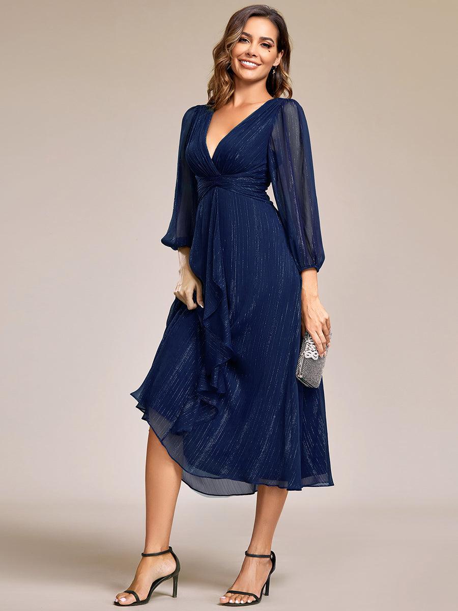 Robe de soirée trapèze scintillante à manches longues et col en V en mousseline de soie avec n?ud torsadé #Couleur_Bleu Marine