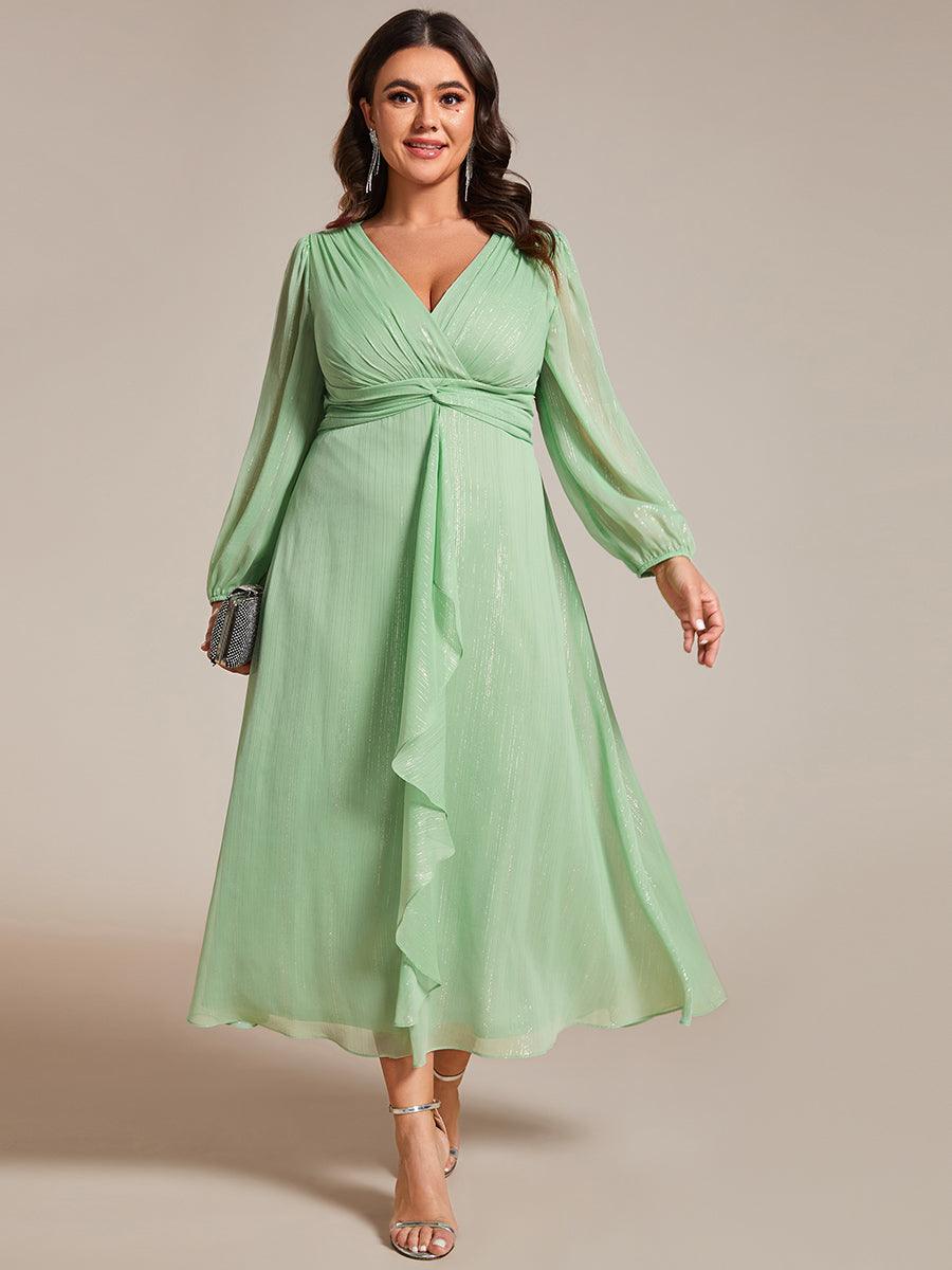 Grande taille Robe de soirée trapèze scintillante à manches longues et col en V en mousseline de soie avec n?ud torsadé #Couleur_Vert d'été