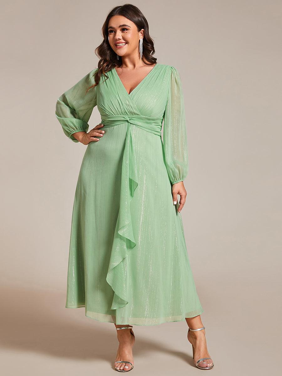 Grande taille Robe de soirée trapèze scintillante à manches longues et col en V en mousseline de soie avec n?ud torsadé #Couleur_Vert d'été