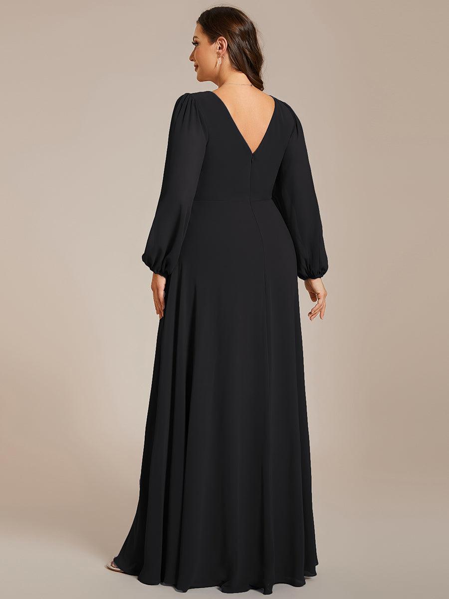 Grande Taille Robe de soirée plissée en mousseline de soie double col en V manches longues ceinture brillan #Couleur_Noir