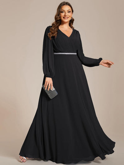 pretty ESMÉE|Robe de soirée grande taille plissée en mousseline de soie double col V manches longues ceinture brillant