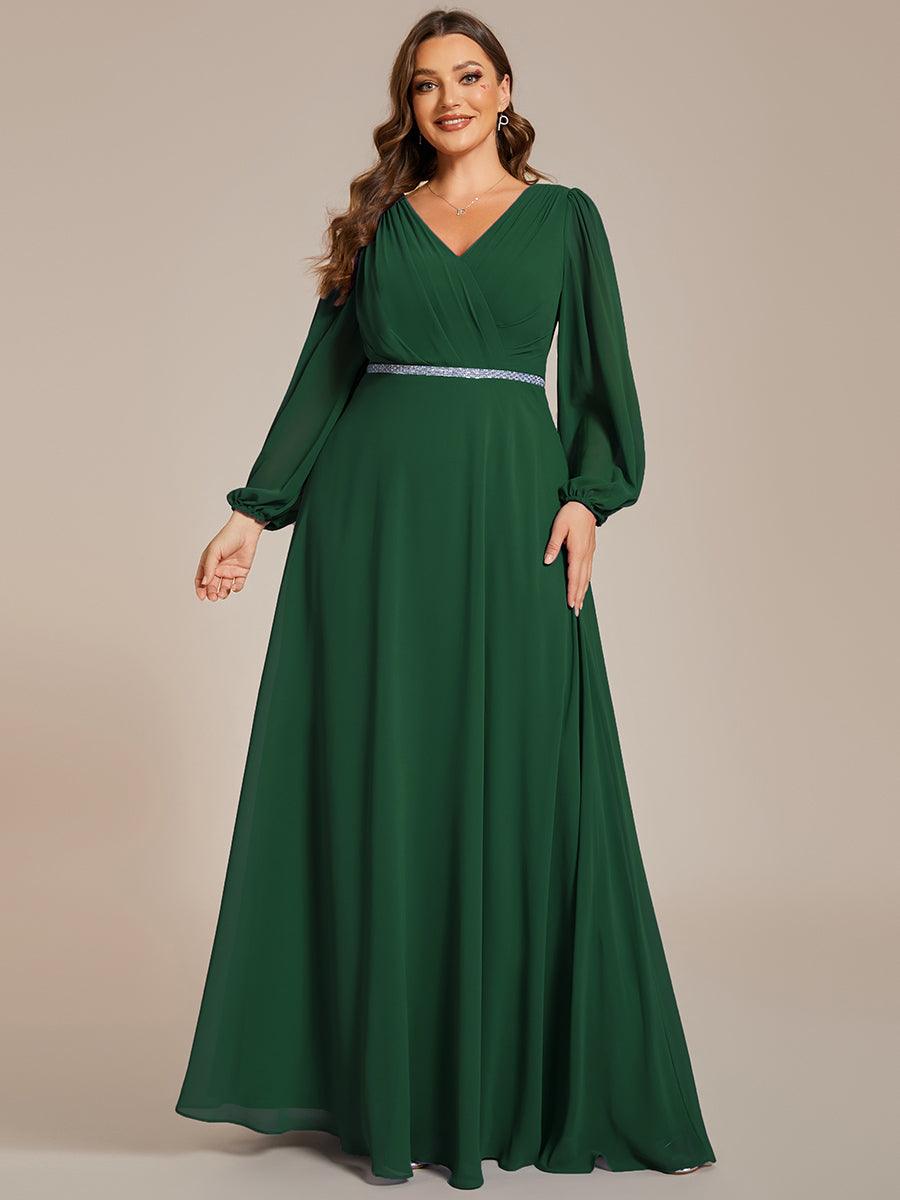 Grande Taille Robe de soirée plissée en mousseline de soie double col en V manches longues ceinture brillan #Couleur_Vert Fonce