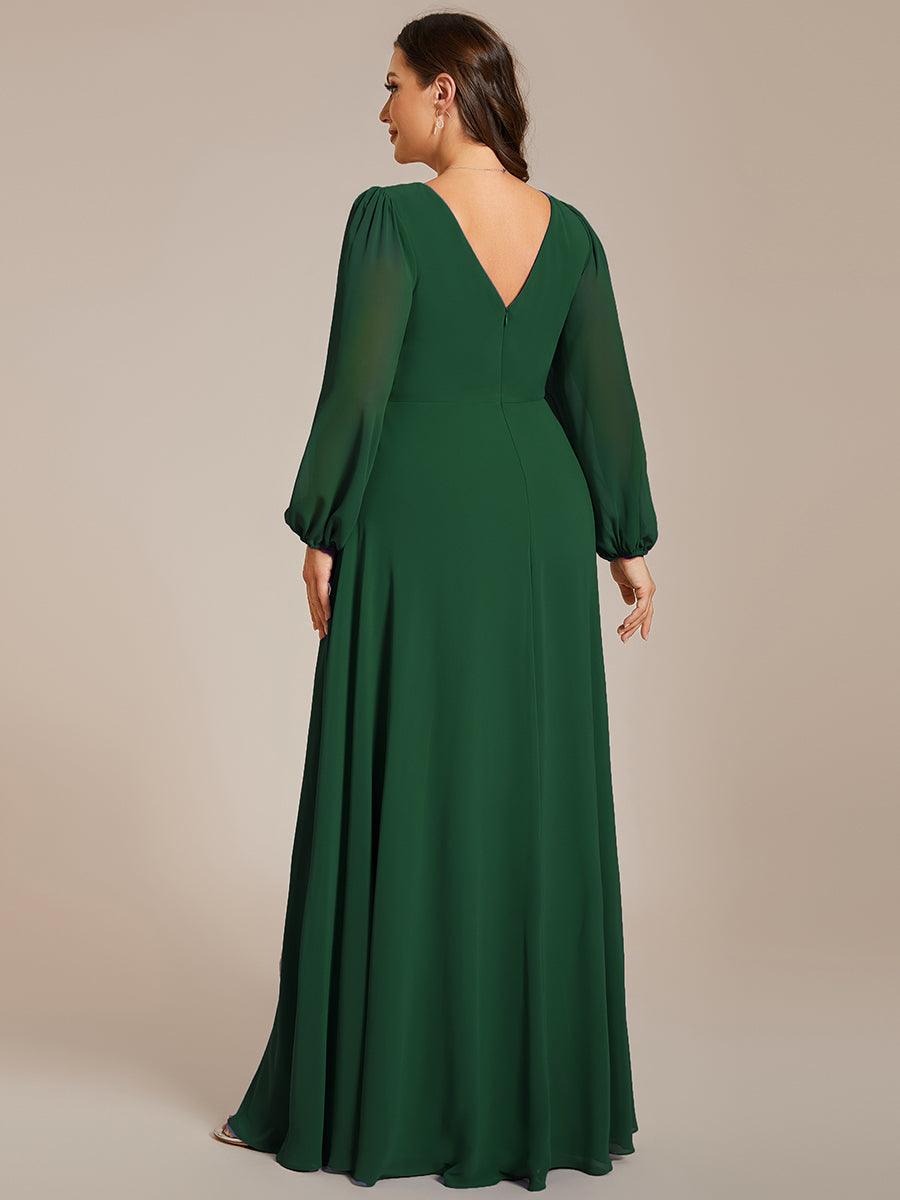 Grande Taille Robe de soirée plissée en mousseline de soie double col en V manches longues ceinture brillan #Couleur_Vert Fonce