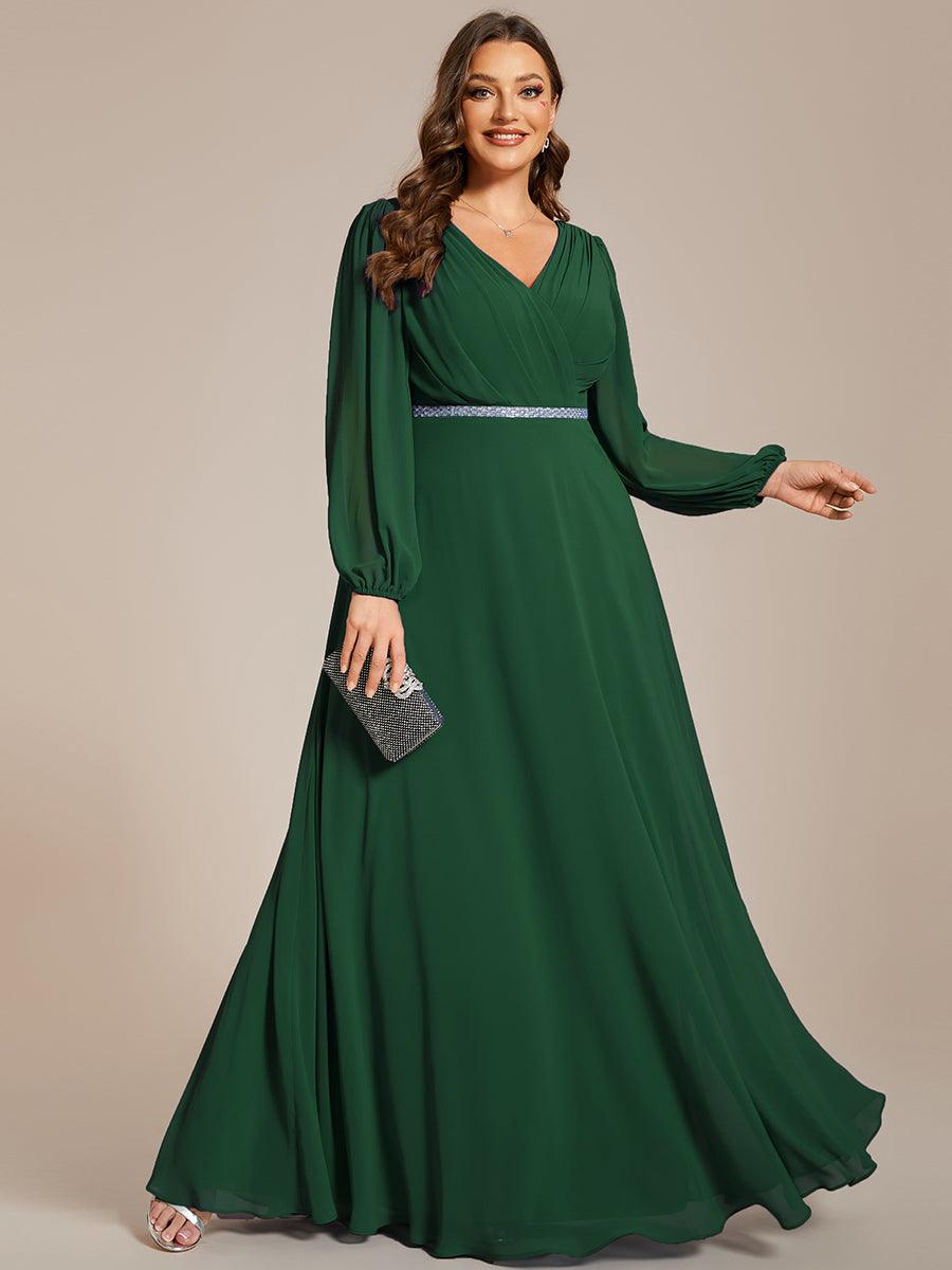Grande Taille Robe de soirée plissée en mousseline de soie double col en V manches longues ceinture brillan #Couleur_Vert Fonce
