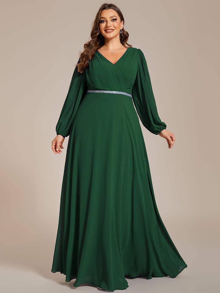 Grande Taille Robe de soirée plissée en mousseline de soie double col en V manches longues ceinture brillan #Couleur_Vert Fonce
