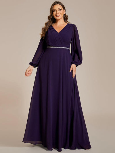 pretty ESMÉE|Robe de soirée grande taille plissée en mousseline de soie double col V manches longues ceinture brillant