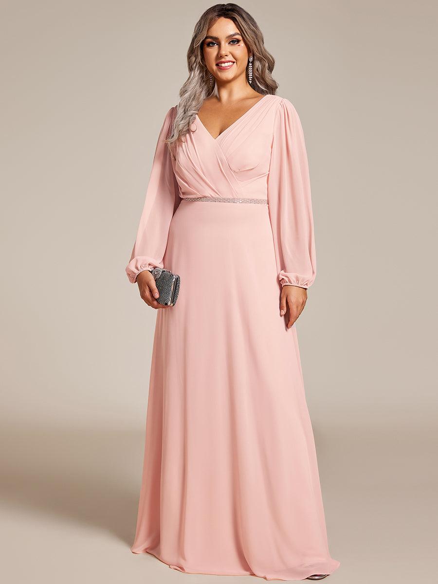 Grande Taille Robe de soirée plissée en mousseline de soie double col en V manches longues ceinture brillan #Couleur_Rose
