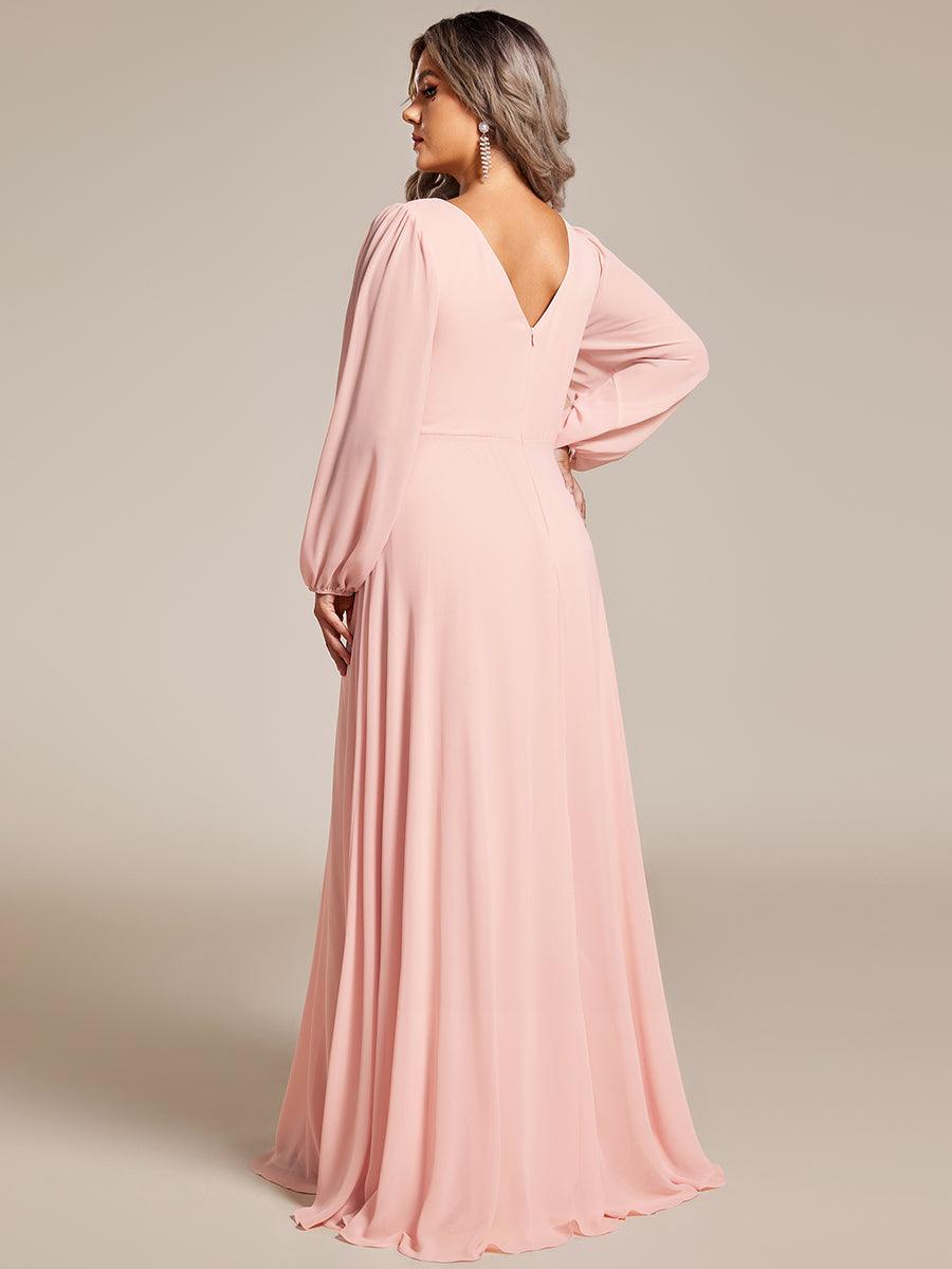 Grande Taille Robe de soirée plissée en mousseline de soie double col en V manches longues ceinture brillan #Couleur_Rose