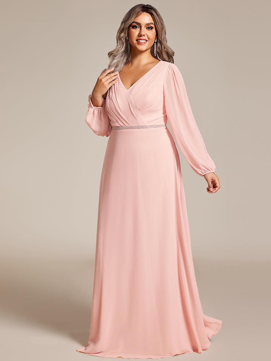 Grande Taille Robe de soirée plissée en mousseline de soie double col en V manches longues ceinture brillan #Couleur_Rose