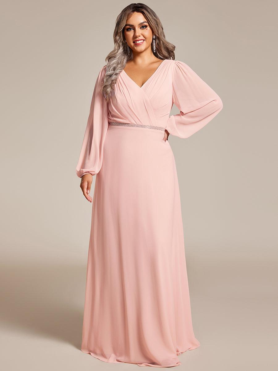 Grande Taille Robe de soirée plissée en mousseline de soie double col en V manches longues ceinture brillan #Couleur_Rose