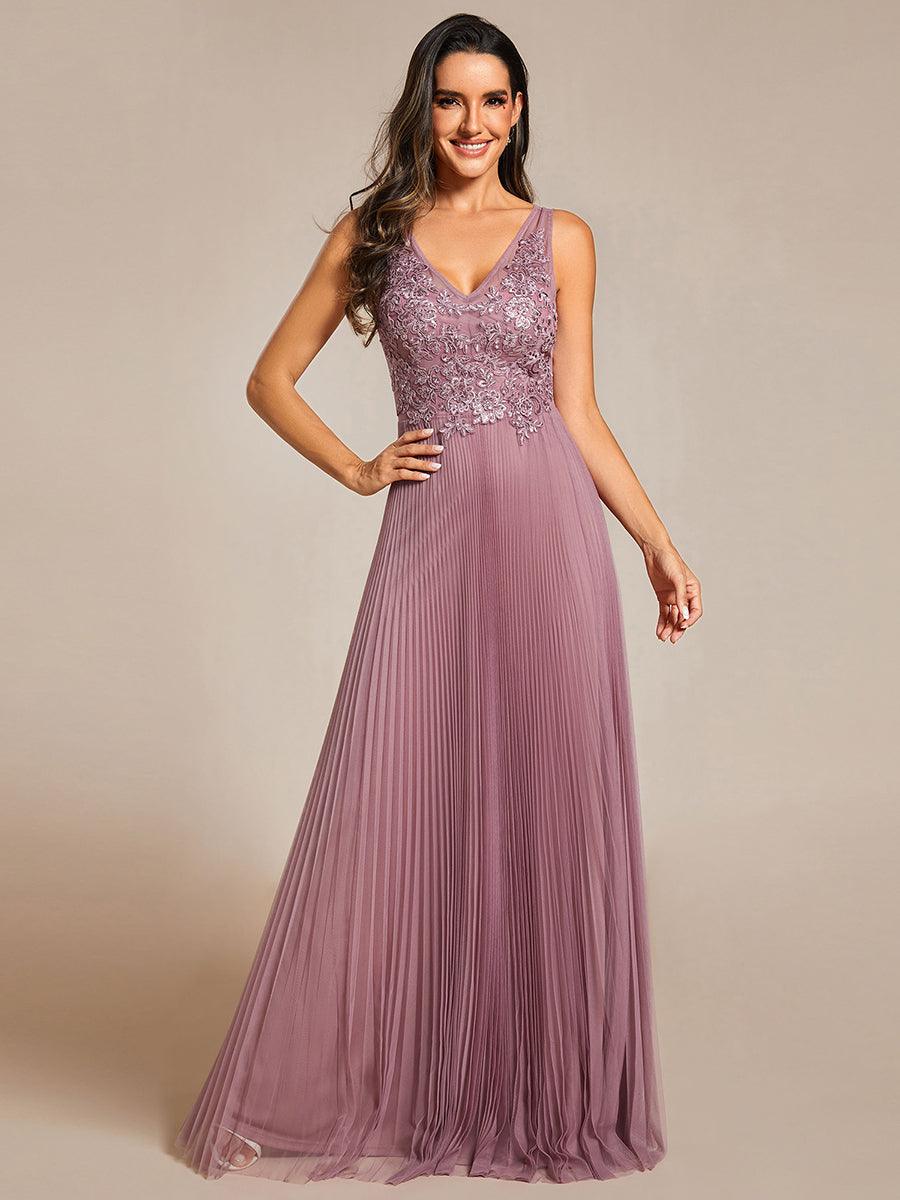 Robe de soirée en tulle trapèze sans manches avec corsage brodé d'appliques exquises #Couleur_Orchidee