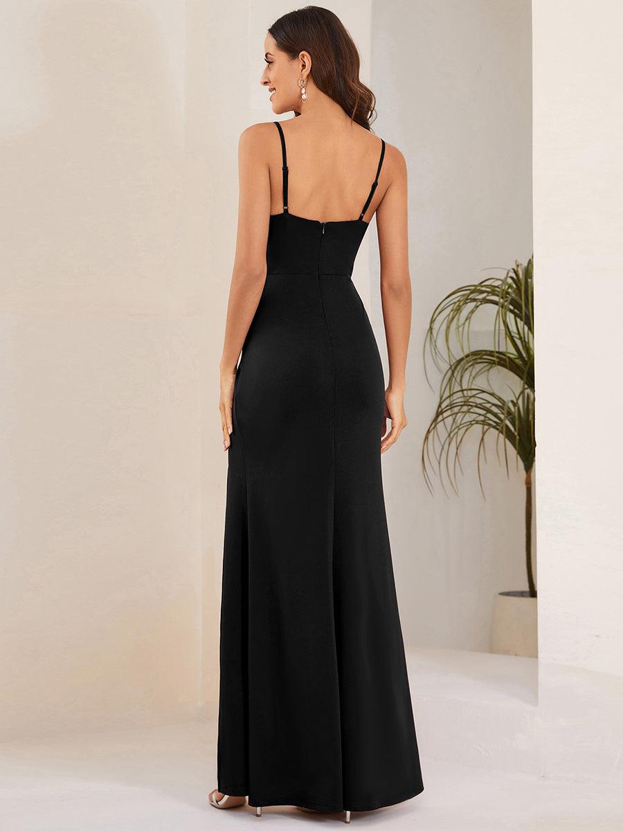 Robe de soirée élégante plissée dos nu à fente haute et bretelles spaghetti#Couleur_Noir