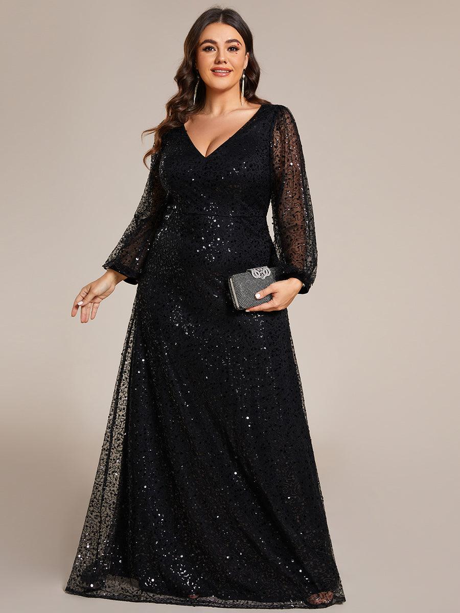 Grande taille Robe de soirée trapèze à paillettes col en V manches longues et paillettes#Couleur_Noir