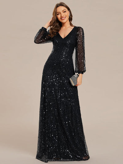 ever RAYVEN|Robe de soirée trapèze à paillettes col en V manches longues et paillettes